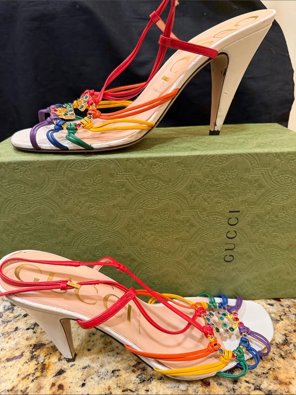 Gucci Rainbow Strappy White Leather Heels with Jeweled Accents